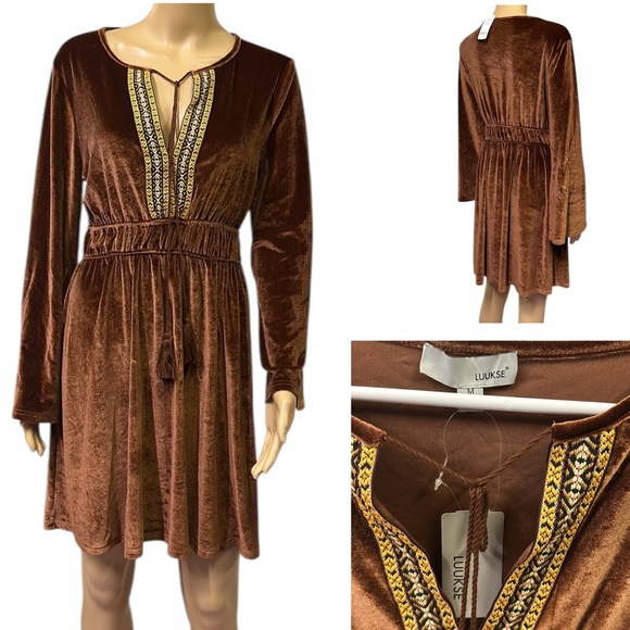 Luukse Brown Boho Velour Embroidered Tie Neck Tassel Mini Midi Dress Medium - Picture 1 of 9